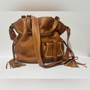 LANCEL Flirt Camel Tan Leather Tassel Crossbody Bucket Bag